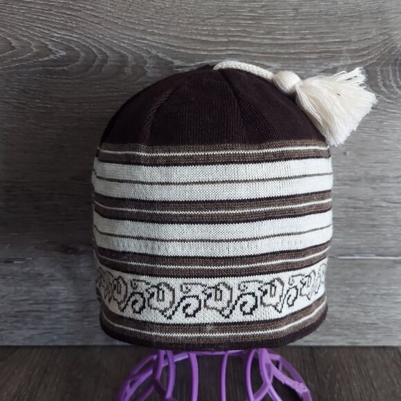 SWIX Fleece Lined Beanie Hat with Tassel Knit Wool Blend Brown Striped Winter - Picture 2 of 4